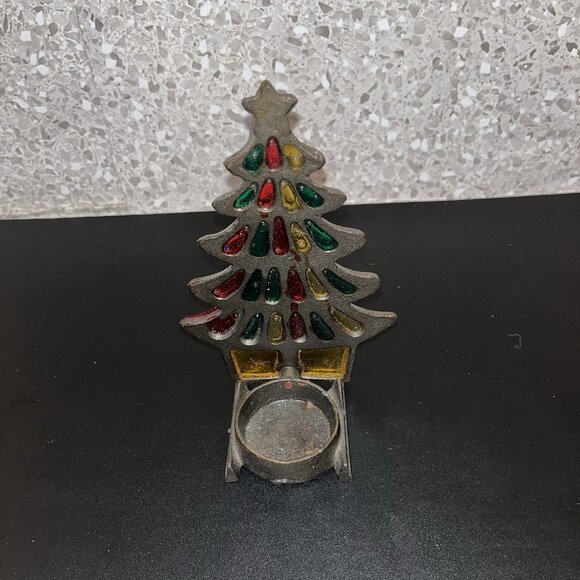 Cast Iron & Stained Glass Christmas Tree Candle Holder 6" Vintage - Picture 4 of 7